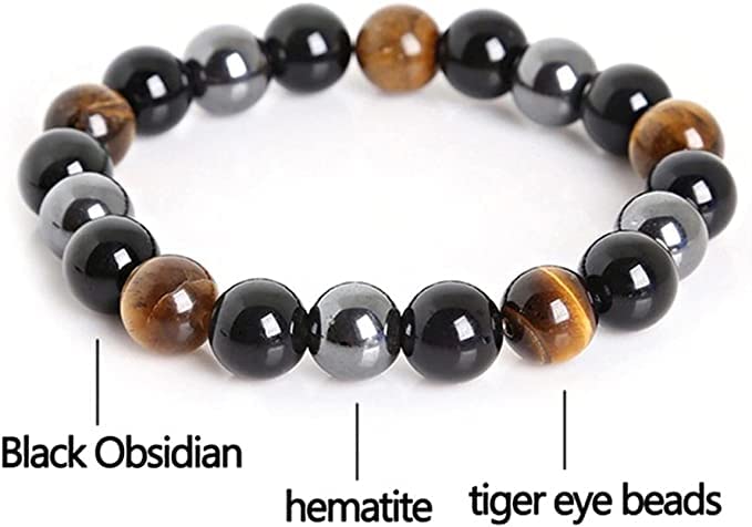 WFJ Black Obsidian Hematite Triple Protection Bracelets Set - Tiger Eye Beaded Natural Stone Bracelet for Men Women Gemstone (10MM)