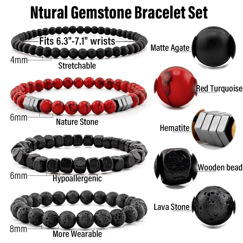 Men’s Bracelet Set Multi - Tiger Eye/Matte Agate/Lava Rock Gifts for Birthday/Anniversary/Christmas