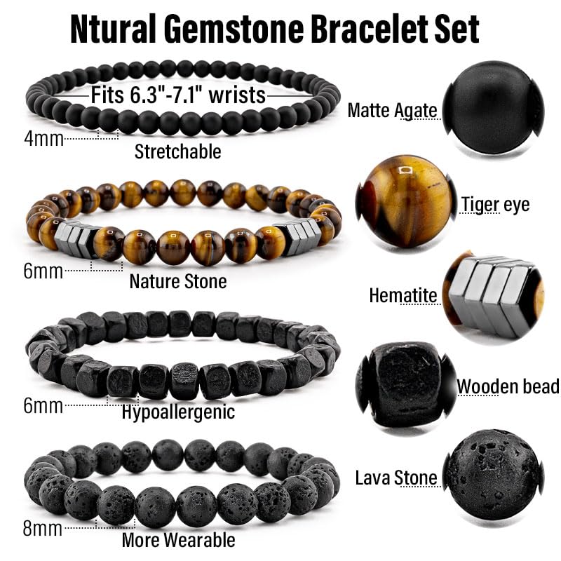 Men’s Bracelet Set Multi - Tiger Eye/Matte Agate/Lava Rock Gifts for Birthday/Anniversary/Christmas