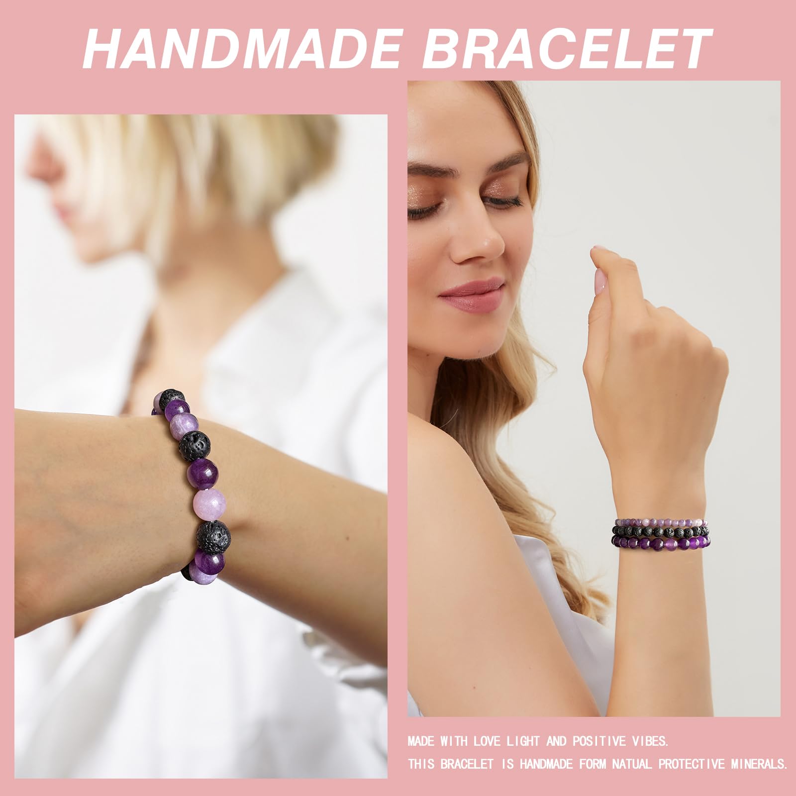 4pcs Beaded Bracelets for Women,Natural Healing Crystal Gemstones Bracelet,Anxiety Stress Relief Bracelet Handmade purple Jewelry Gifts for Women