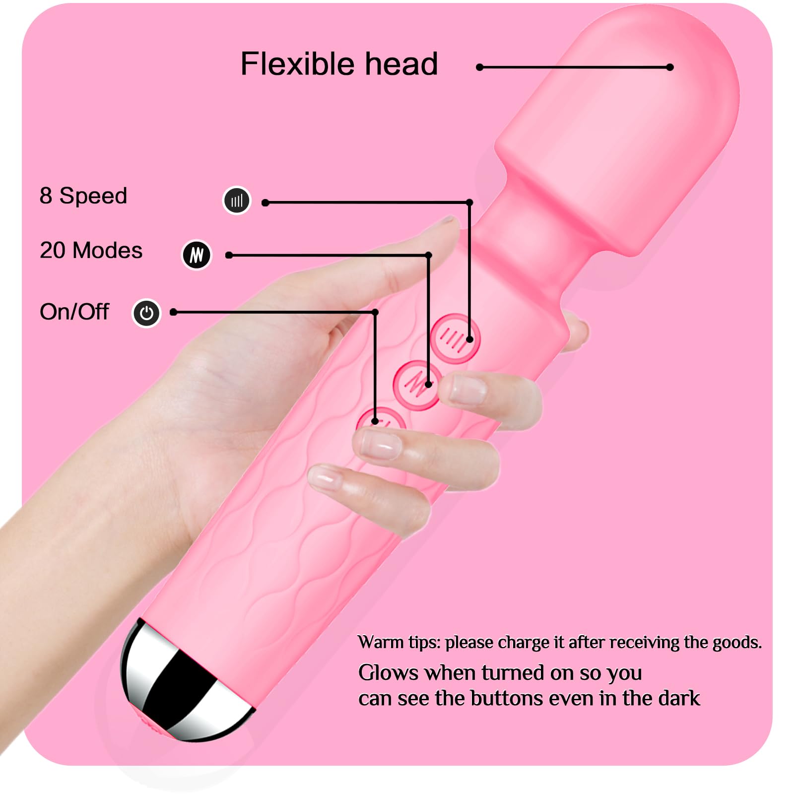 Vibrator Wand,Adult Sex Toy Wand, G Spot Dildo, Clit Vibrator, Sex Vibrators,Clitoris Stimulation,with 8 Speeds & 20 Patterns,Fully Waterproof,Vibrating Wand for her Pleasure (Rose Red)