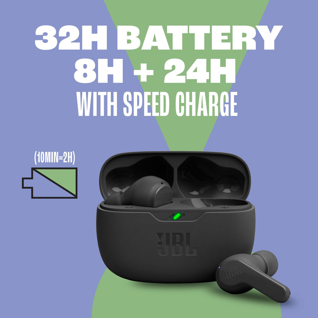 JBL Vibe Beam - True Wireless JBL Deep Bass Sound Earbuds, Bluetooth 5.2, Water & Dust Resistant, Hands-free call with VoiceAware, Up to 32 hours of battery life (Black)