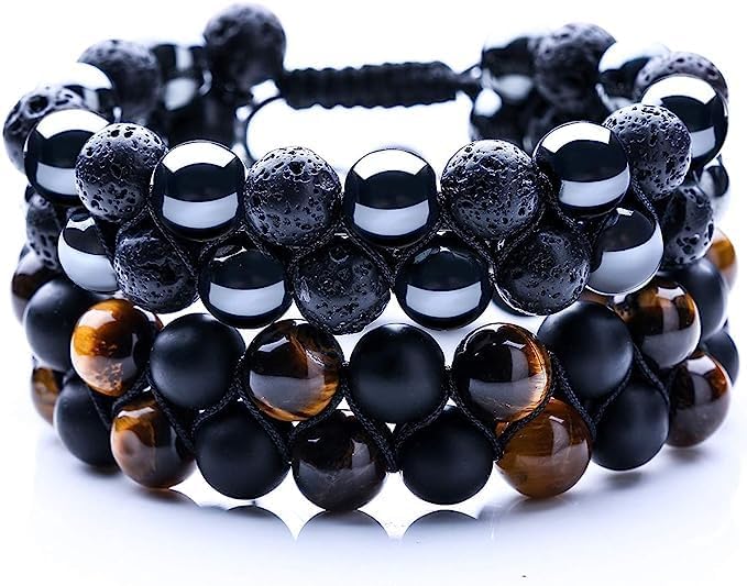 WFJ Black Obsidian Hematite Triple Protection Bracelets Set - Tiger Eye Beaded Natural Stone Bracelet for Men Women Gemstone (10MM)