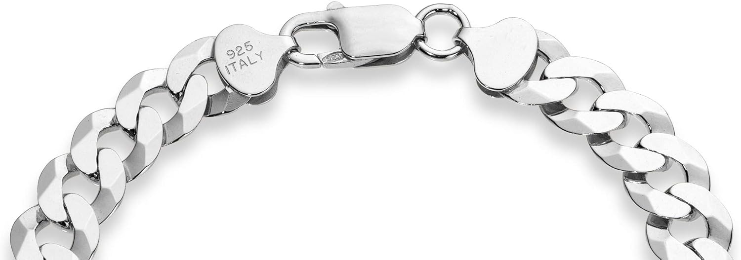 Miabella Italian 925 Sterling Silver Solid 9mm Diamond-Cut Cuban Link Curb Chain Bracelet for Men, Made in Italy