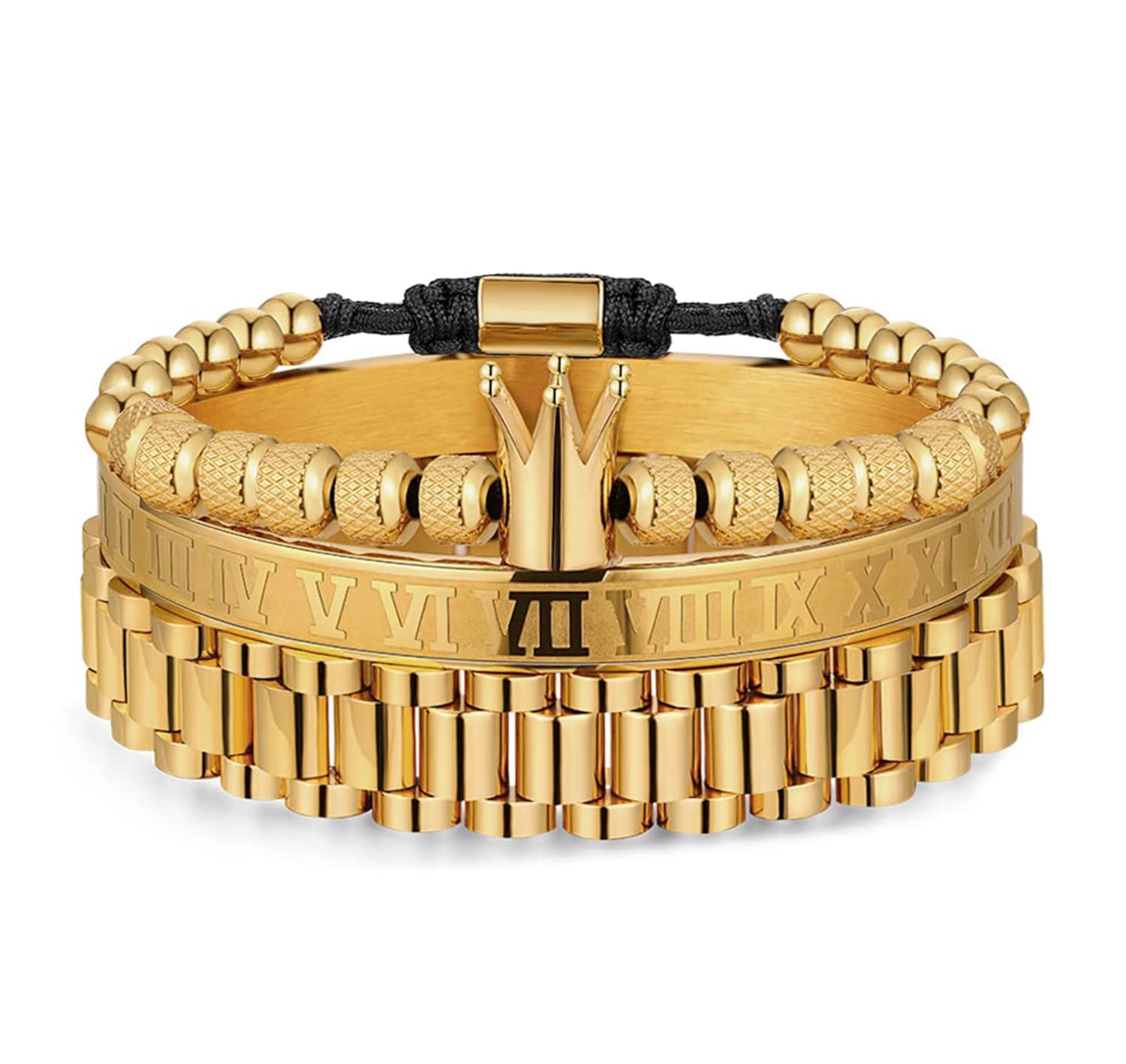 WFYOU 3PCS Stainless Steel Bracelets for Men Gold Roman Numeral Bangle Bracelet Twisted Cable Bracelet Adjustable Cuff Bracelet Mens Luxury Jewelry Bracelets Gifts