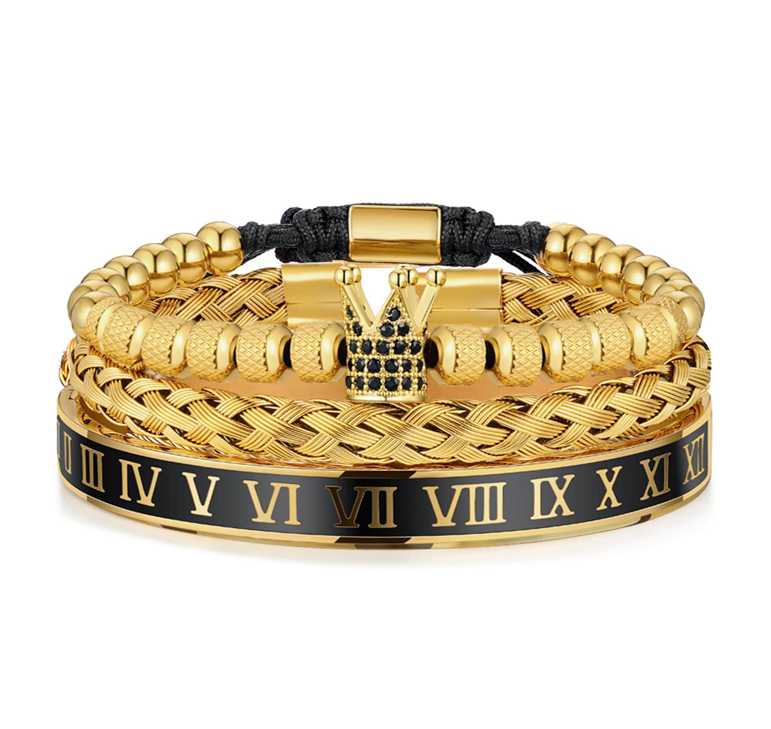 WFYOU 3PCS Stainless Steel Bracelets for Men Gold Roman Numeral Bangle Bracelet Twisted Cable Bracelet Adjustable Cuff Bracelet Mens Luxury Jewelry Bracelets Gifts