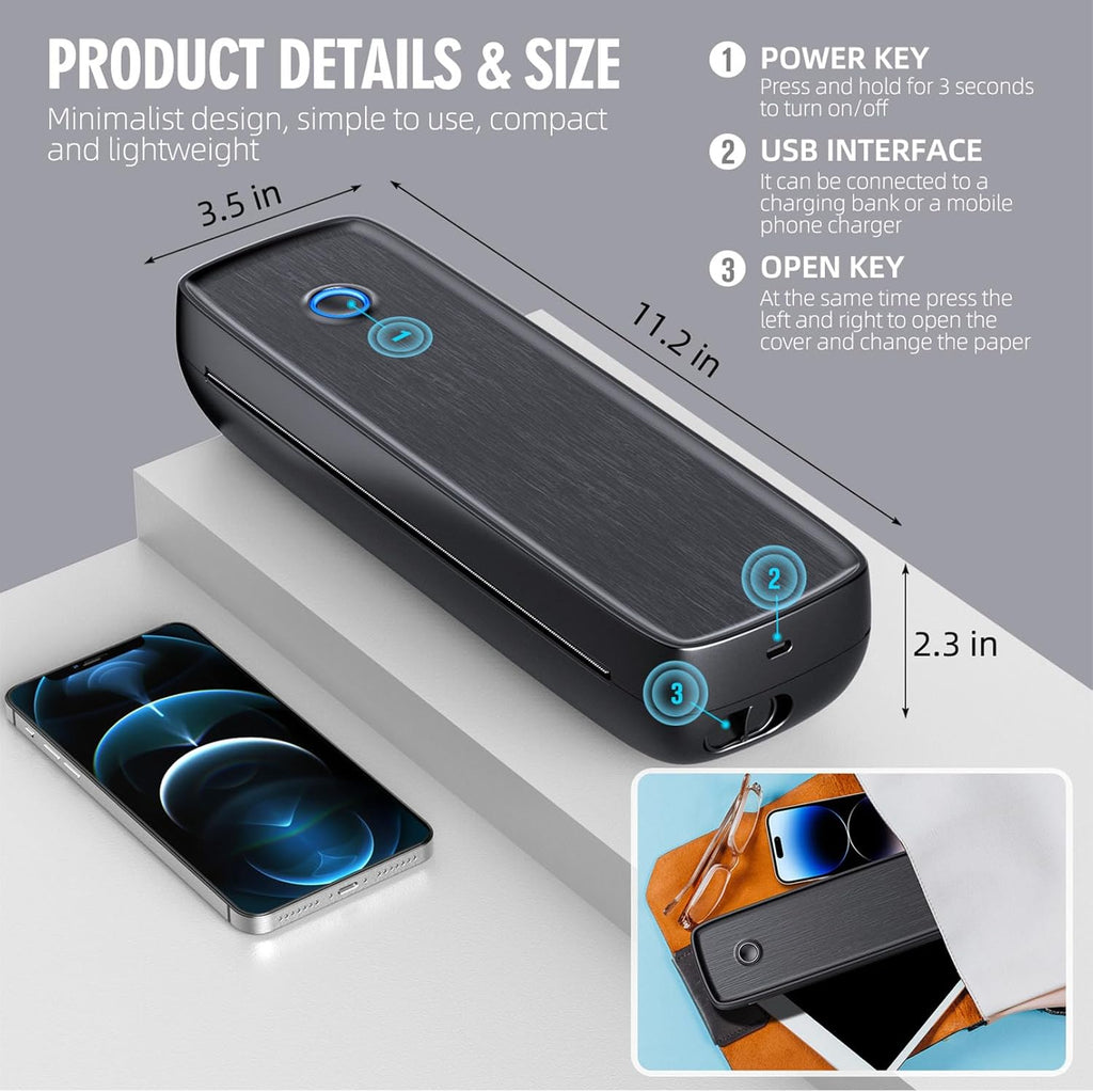 Aixiqee Portable Printer Wireless for Travel，Bluetooth Thermal Support 8.5inches X 11inches US Letter &Legal, A4&A5 Thermal Paper, Inkless Compatible with iOS, Android & Laptop for Office Car Home