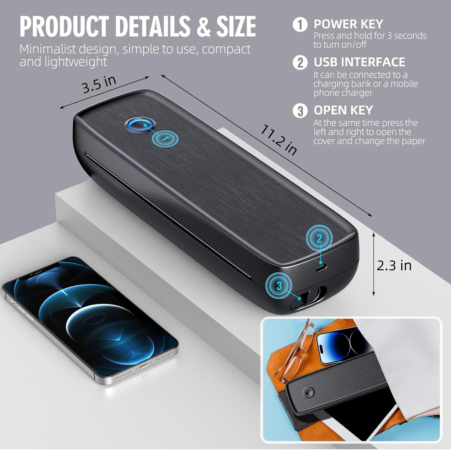 Aixiqee Portable Printer Wireless for Travel，Bluetooth Thermal Support 8.5inches X 11inches US Letter &Legal, A4&A5 Thermal Paper, Inkless Compatible with iOS, Android & Laptop for Office Car Home