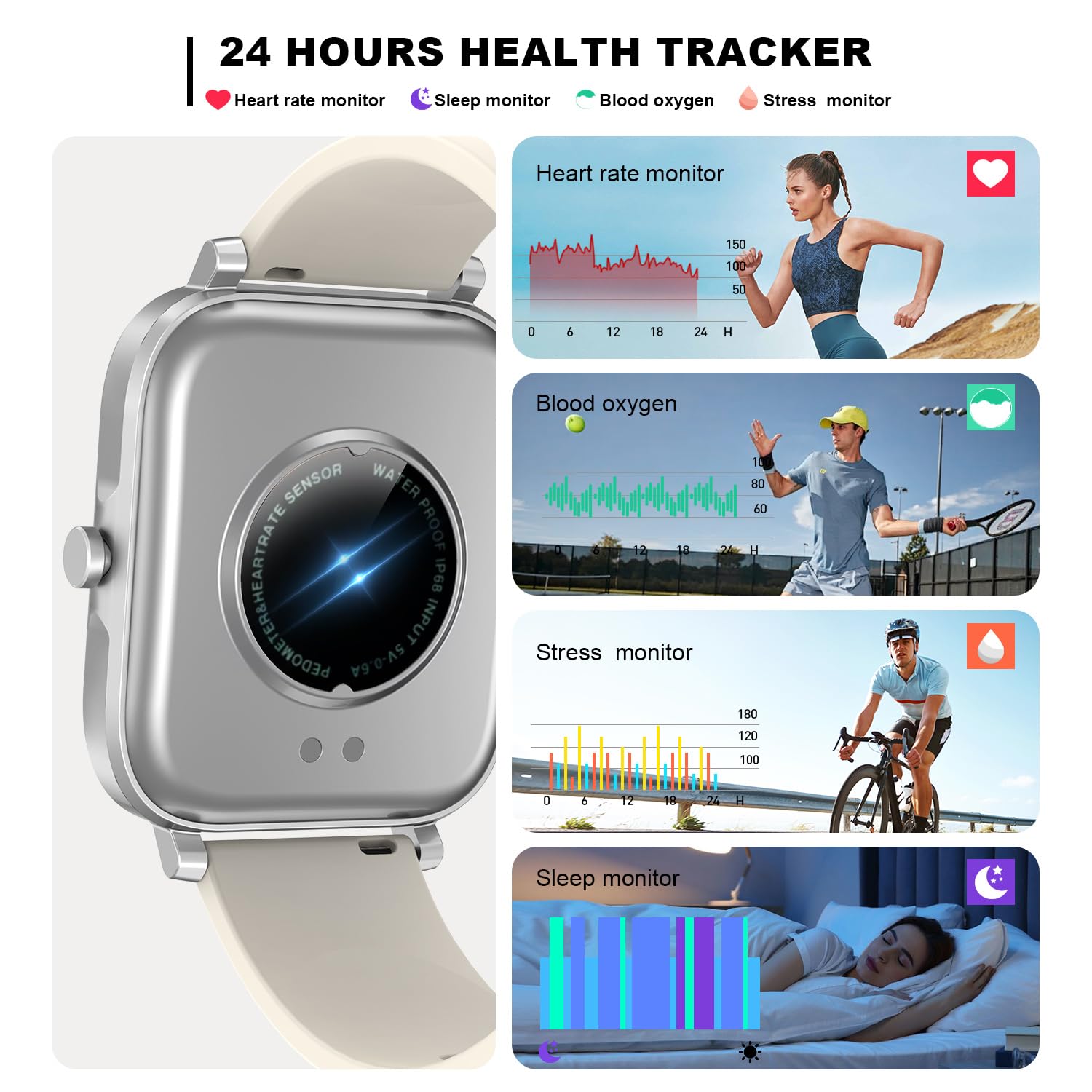 Smart Watch for Men Women Compatible with iPhone Samsung Android Phone 1.83 inch Full Touch Screen IP68 Waterproof Bluetooh Fitness Tracker Heart Rate/Sleep Monitor, Black