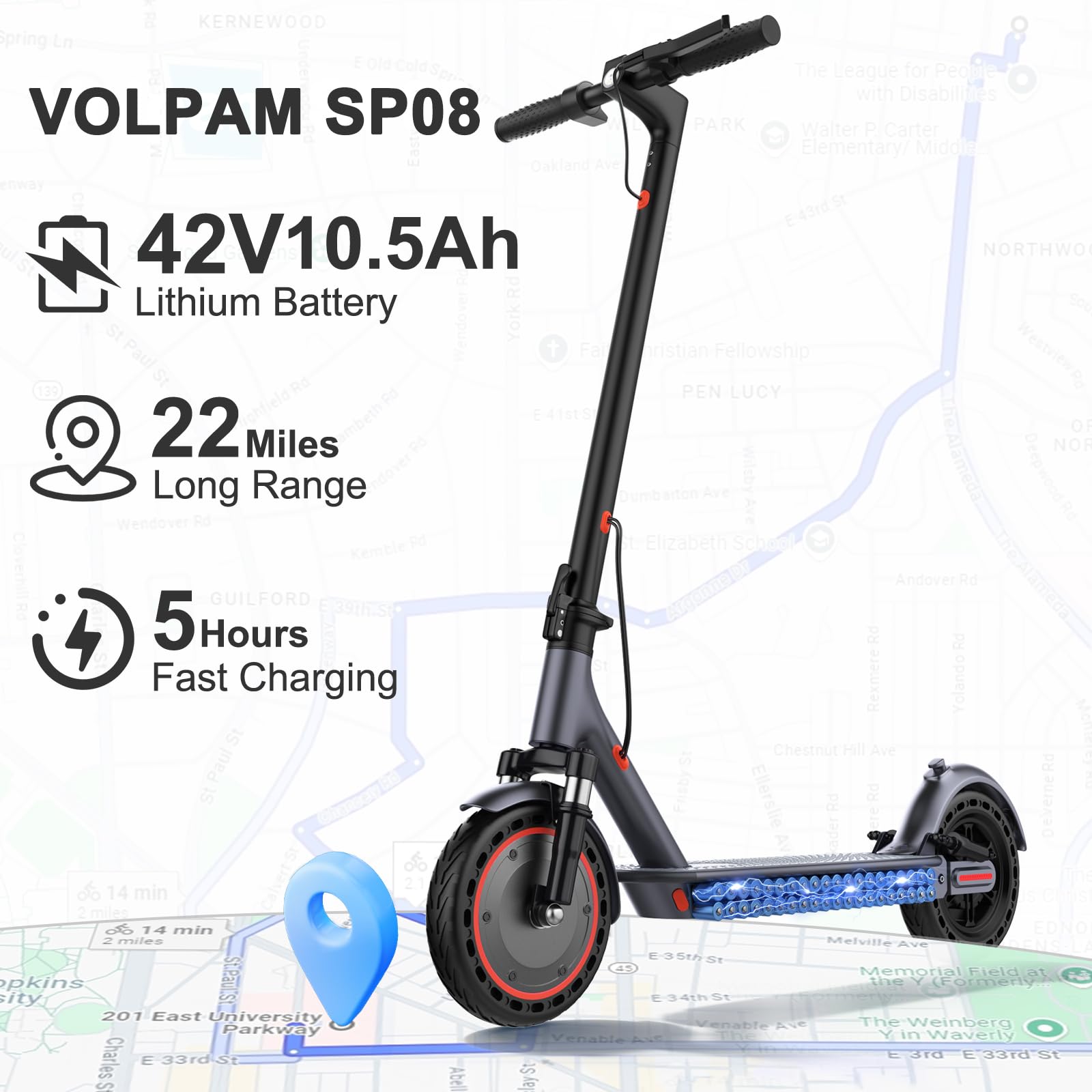 VOLPAM Electric Scooter, 350W/500W Powerful Motor, 8.5"/10" Solid Tires, 19/22Mph, 28/23/21/16 Miles Max Range, Dual Braking