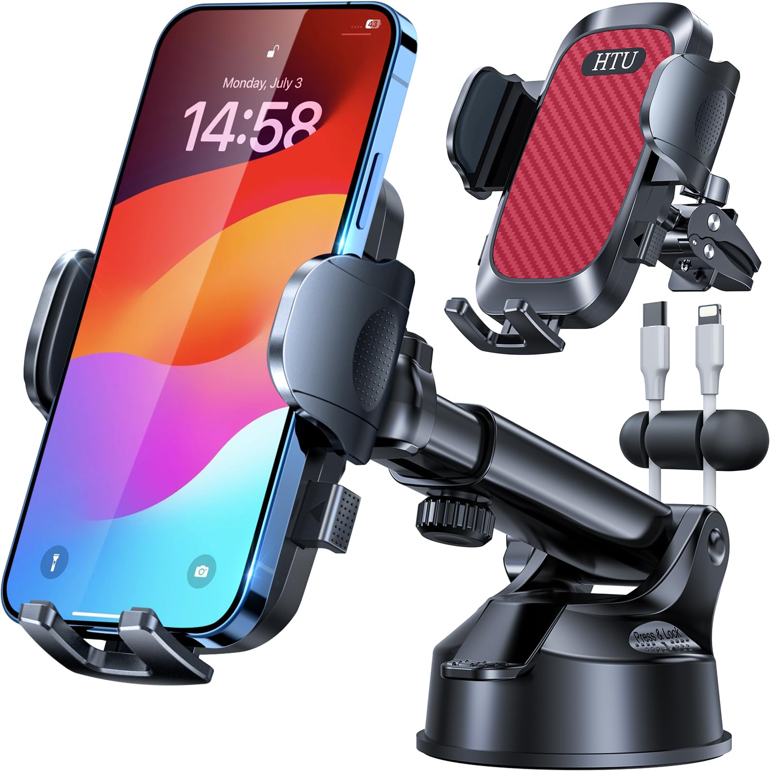 HTU 2026 Best Car Phone Holder 【Ultimate 5-in-1 & Upgraded 100+LBS Strongest Suction】【True Military-Grade & Safety Cert】 360° Windshield Dashboard Vent Mount Stand for iPhone Android & Truck, Black