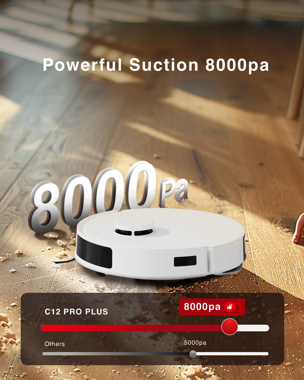 Yeedi C12 Robot Vacuum Cleaner and Mop, 8000Pa Strong Suction, ZeroTangle Brush, Smart Navigation, Self-Charging, White