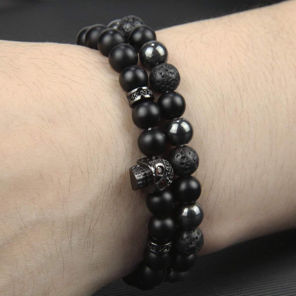 Black Obsidian Bracelet for Men - Black Tourmaline Beaded Bracelets - Mens Bracelet Set 8MM Black Onyx Hematite Lava Stone Beads Triple Protection Bracelet for Men Women Gifts
