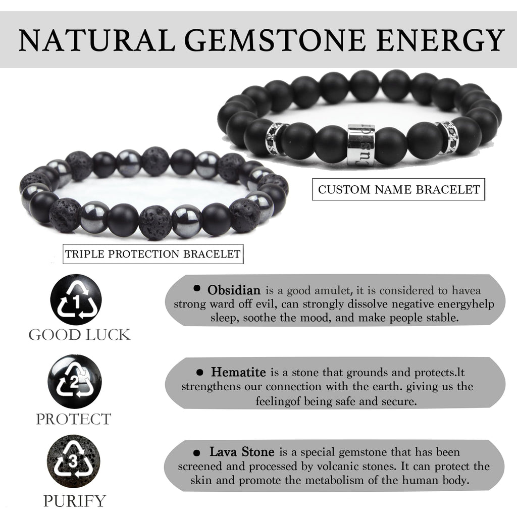 Black Obsidian Bracelet for Men - Black Tourmaline Beaded Bracelets - Mens Bracelet Set 8MM Black Onyx Hematite Lava Stone Beads Triple Protection Bracelet for Men Women Gifts