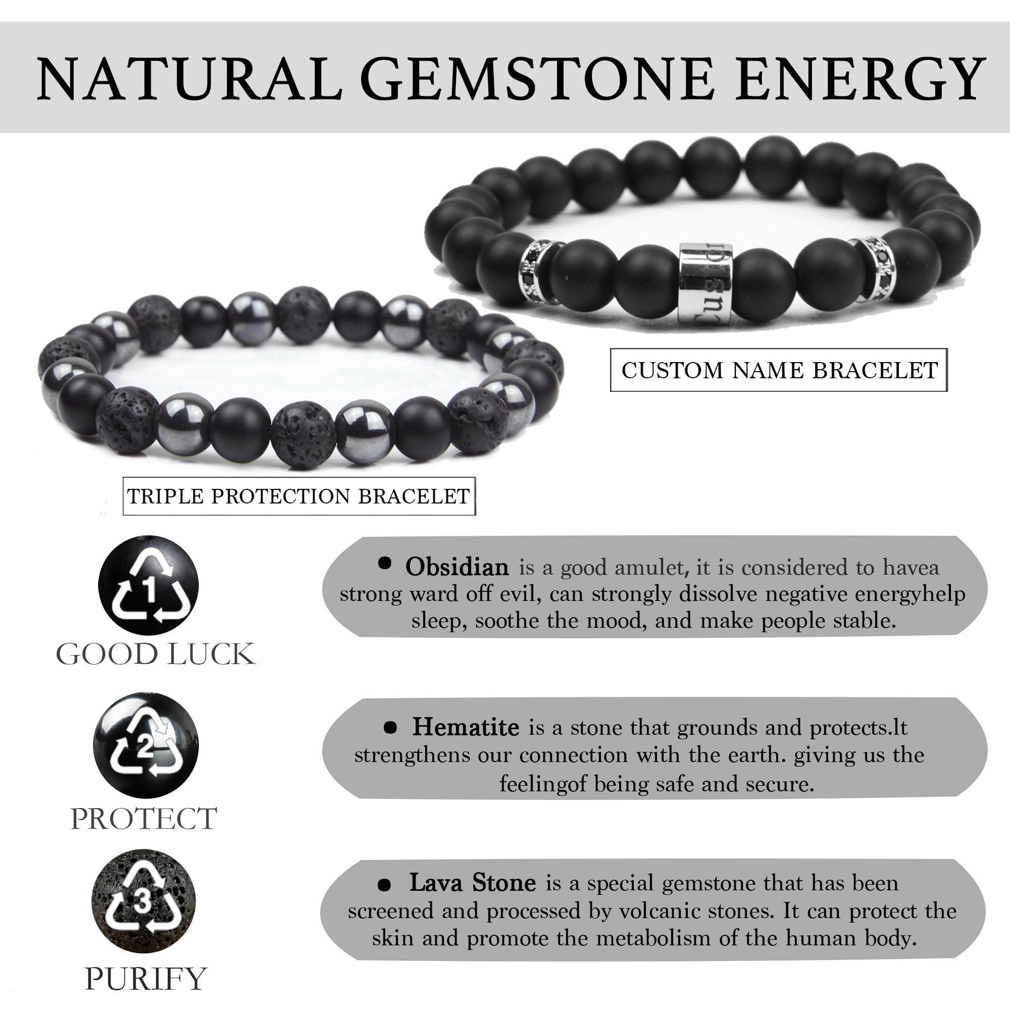 Black Obsidian Bracelet for Men - Black Tourmaline Beaded Bracelets - Mens Bracelet Set 8MM Black Onyx Hematite Lava Stone Beads Triple Protection Bracelet for Men Women Gifts