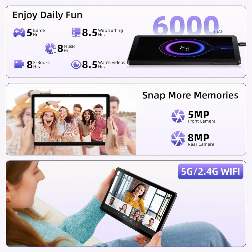 Tablet Android, Android 15 Tablet 10 Inch Tablets, Octa-Core, 18GB RAM 128GB ROM 1TB Expand, 1280x800 IPS HD Display, GPS, Widevine L1, 5G+2.4G WiFi, 5MP+8MP Dual Camera, Bluetooth5.4, 6000mAh, Black