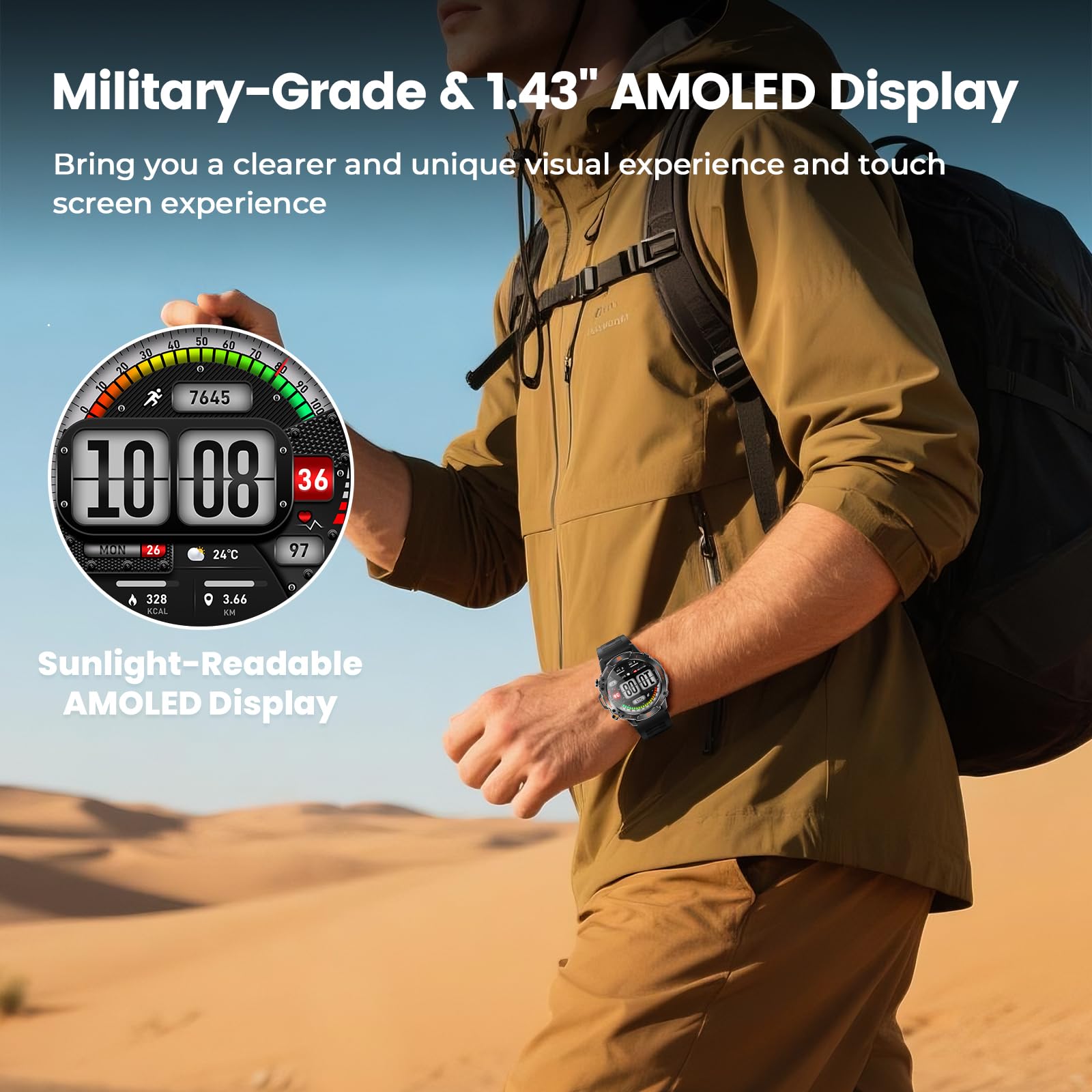 WalkerFit Smart Watch for Men, 1.43" Round AMOLED, 5ATM Waterproof, Heart Rate & Sleep Monitor,Long Battery,Outdoor Fitness Activity Tracker,Voice Control&Bluetooth Call,Compatible with iPhone Android