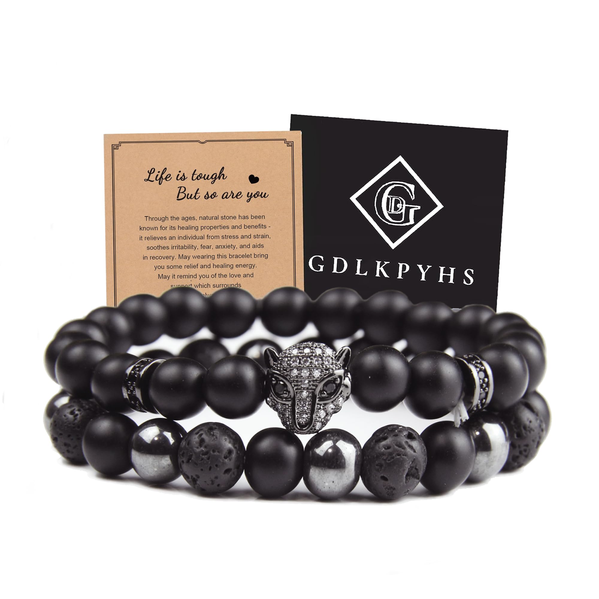 Black Obsidian Bracelet for Men - Black Tourmaline Beaded Bracelets - Mens Bracelet Set 8MM Black Onyx Hematite Lava Stone Beads Triple Protection Bracelet for Men Women Gifts