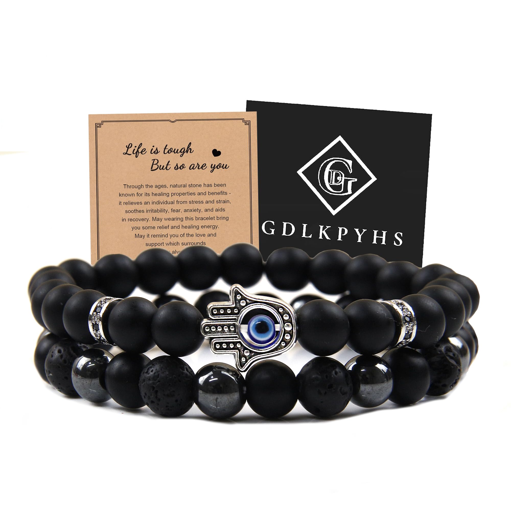 Black Obsidian Bracelet for Men - Black Tourmaline Beaded Bracelets - Mens Bracelet Set 8MM Black Onyx Hematite Lava Stone Beads Triple Protection Bracelet for Men Women Gifts