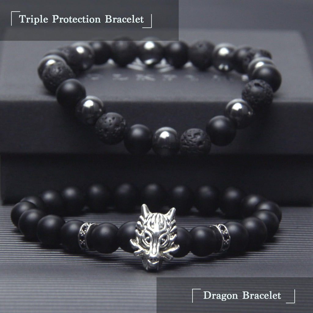 Black Obsidian Bracelet for Men - Black Tourmaline Beaded Bracelets - Mens Bracelet Set 8MM Black Onyx Hematite Lava Stone Beads Triple Protection Bracelet for Men Women Gifts