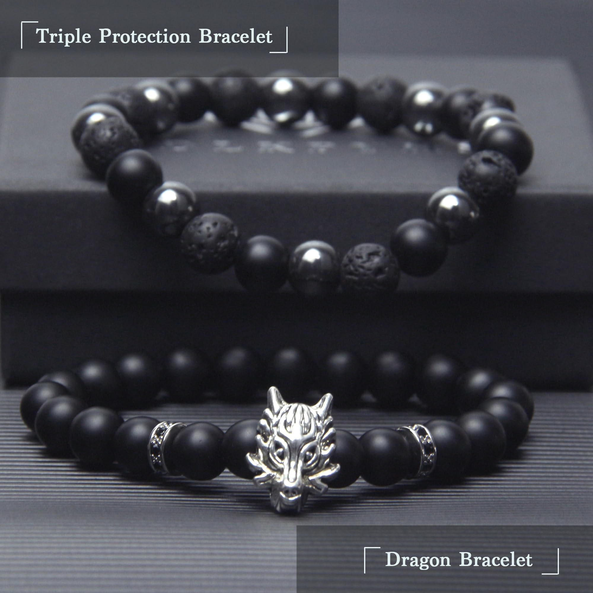 Black Obsidian Bracelet for Men - Black Tourmaline Beaded Bracelets - Mens Bracelet Set 8MM Black Onyx Hematite Lava Stone Beads Triple Protection Bracelet for Men Women Gifts