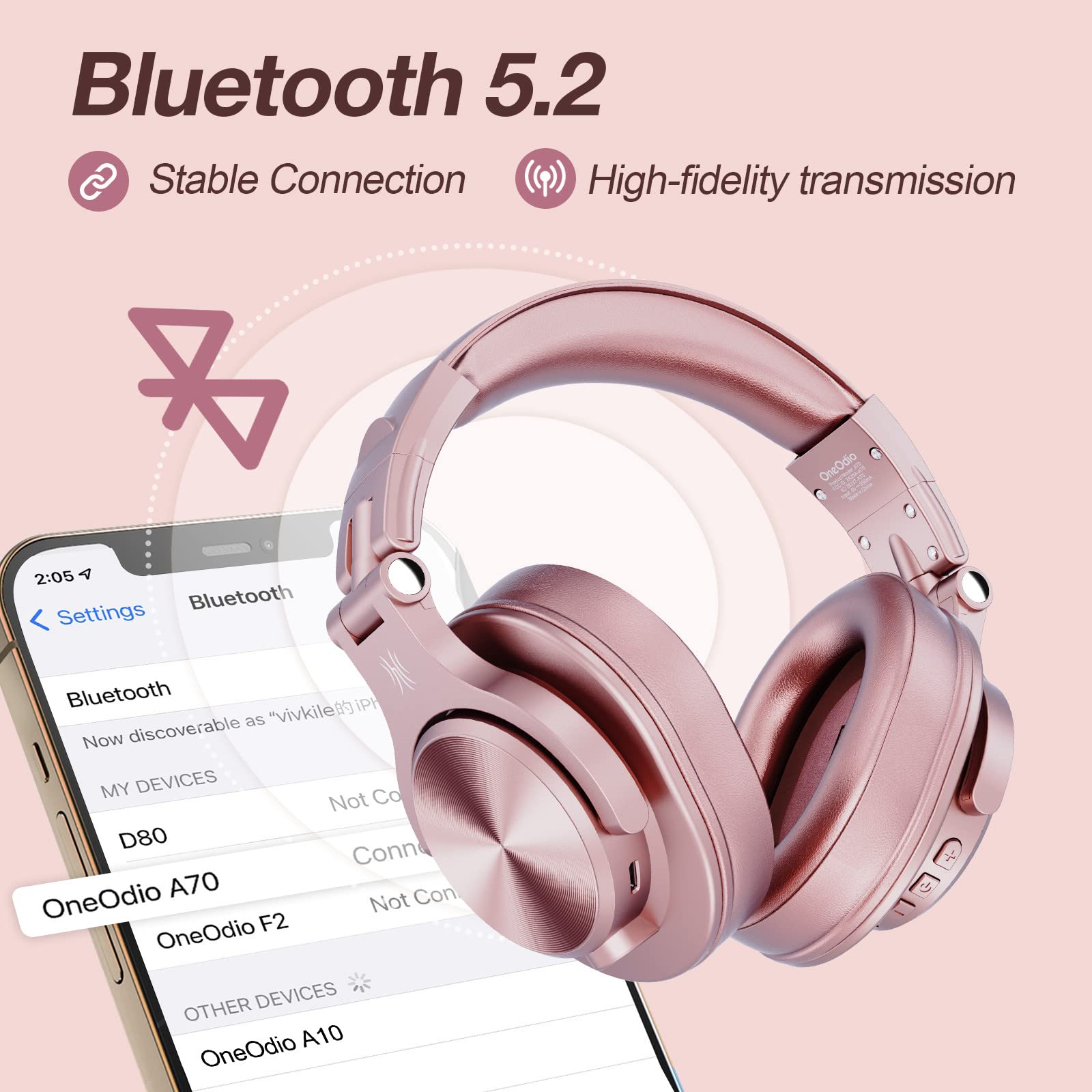 OneOdio A70 Bluetooth Over Ear Headphones, Wireless Headphones with 72H Playtime, Hi-Res, Built-in Mic, 3.5mm/6.35mm Wired Audio Jack for Studio Monitor & Mixing DJ Guitar AMP, Computer Laptop PC