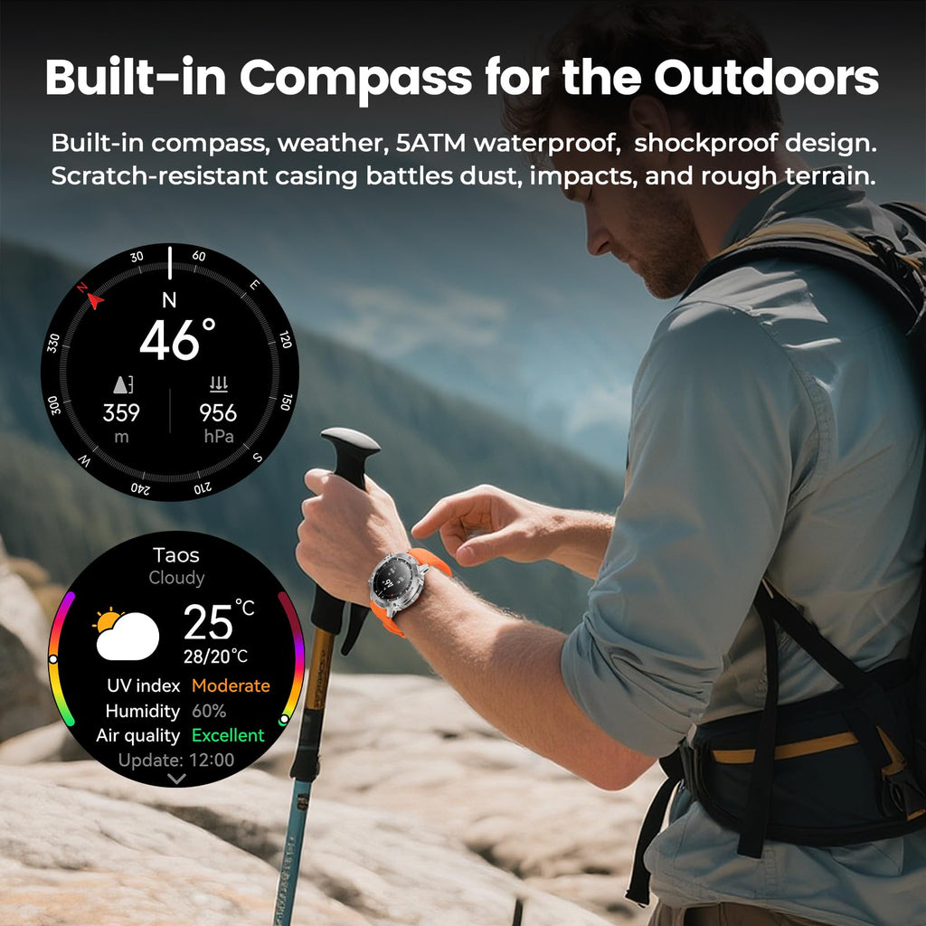 WalkerFit Smart Watch for Men, 1.43" Round AMOLED, 5ATM Waterproof, Heart Rate & Sleep Monitor,Long Battery,Outdoor Fitness Activity Tracker,Voice Control&Bluetooth Call,Compatible with iPhone Android