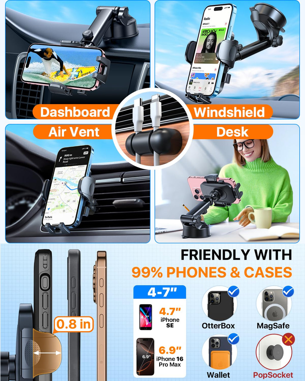 HTU 2026 Best Car Phone Holder 【Ultimate 5-in-1 & Upgraded 100+LBS Strongest Suction】【True Military-Grade & Safety Cert】 360° Windshield Dashboard Vent Mount Stand for iPhone Android & Truck, Black