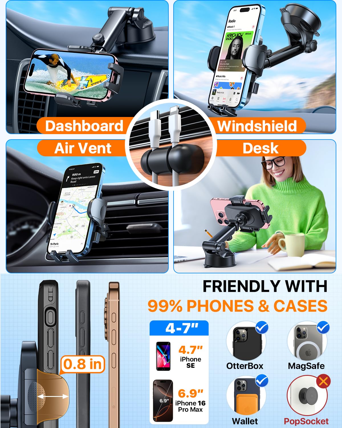 HTU 2026 Best Car Phone Holder 【Ultimate 5-in-1 & Upgraded 100+LBS Strongest Suction】【True Military-Grade & Safety Cert】 360° Windshield Dashboard Vent Mount Stand for iPhone Android & Truck, Black