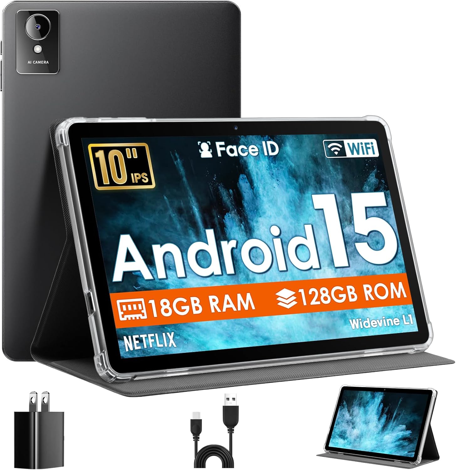 Tablet Android, Android 15 Tablet 10 Inch Tablets, Octa-Core, 18GB RAM 128GB ROM 1TB Expand, 1280x800 IPS HD Display, GPS, Widevine L1, 5G+2.4G WiFi, 5MP+8MP Dual Camera, Bluetooth5.4, 6000mAh, Black