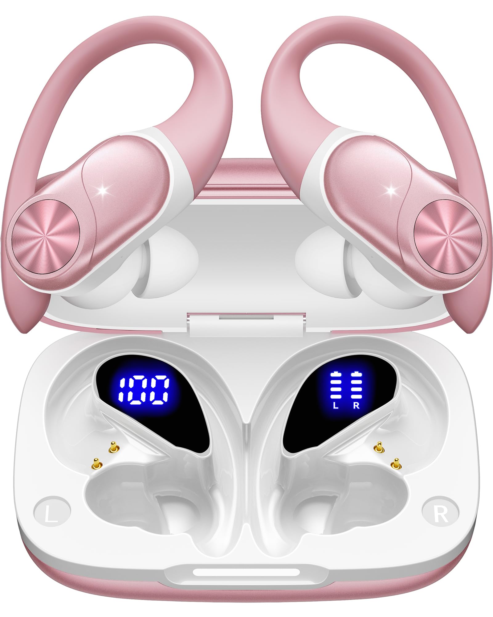 PocBuds Bluetooth Headphones Wireless Earbuds 80hrs Playtime Wireless Charging Case Digital Display Sports Ear Buds with Earhook Deep Bass IPX7 Waterproof Over-Ear Earphones for TV Phone Laptop Black