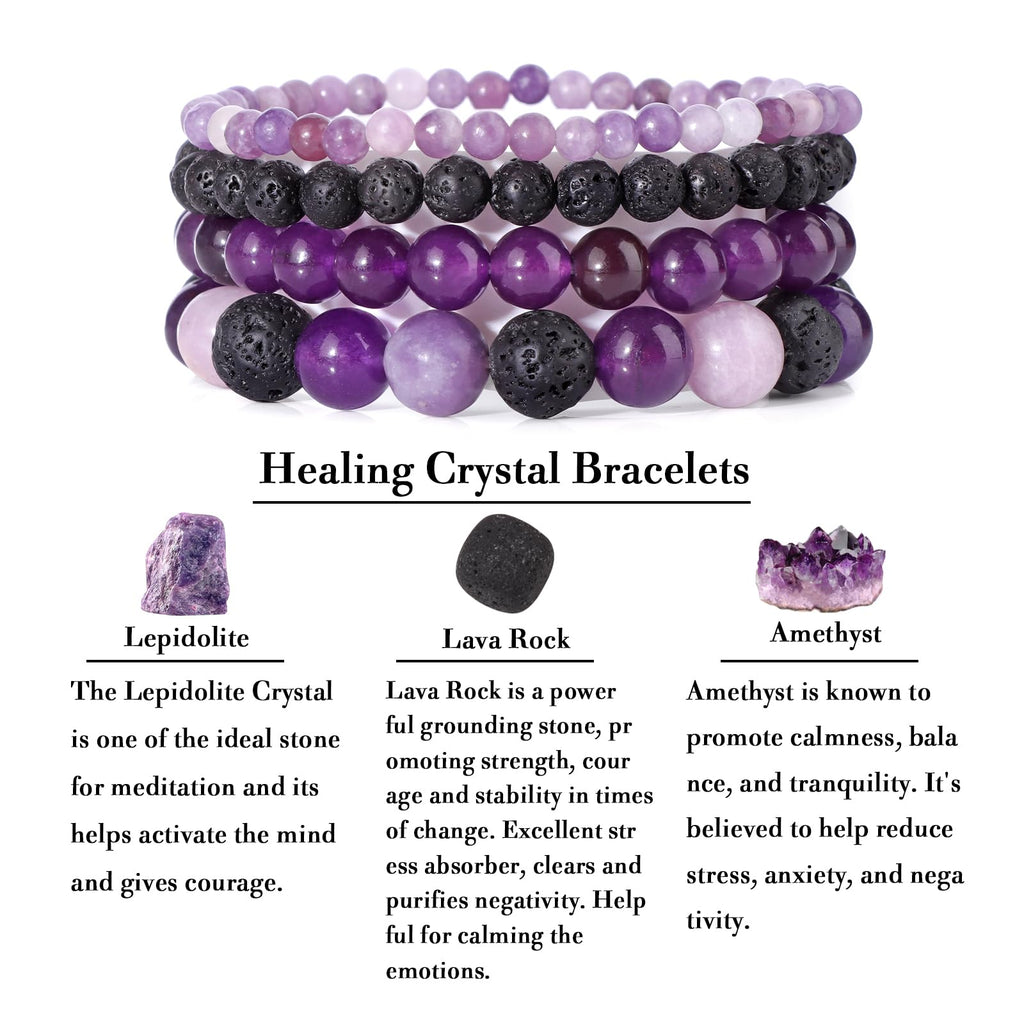4pcs Beaded Bracelets for Women,Natural Healing Crystal Gemstones Bracelet,Anxiety Stress Relief Bracelet Handmade purple Jewelry Gifts for Women