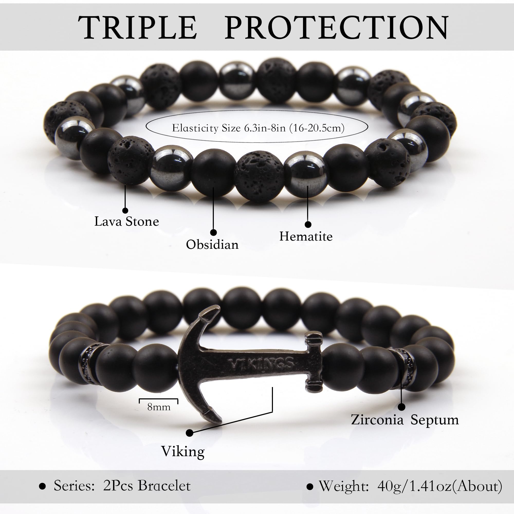 Black Obsidian Bracelet for Men - Black Tourmaline Beaded Bracelets - Mens Bracelet Set 8MM Black Onyx Hematite Lava Stone Beads Triple Protection Bracelet for Men Women Gifts