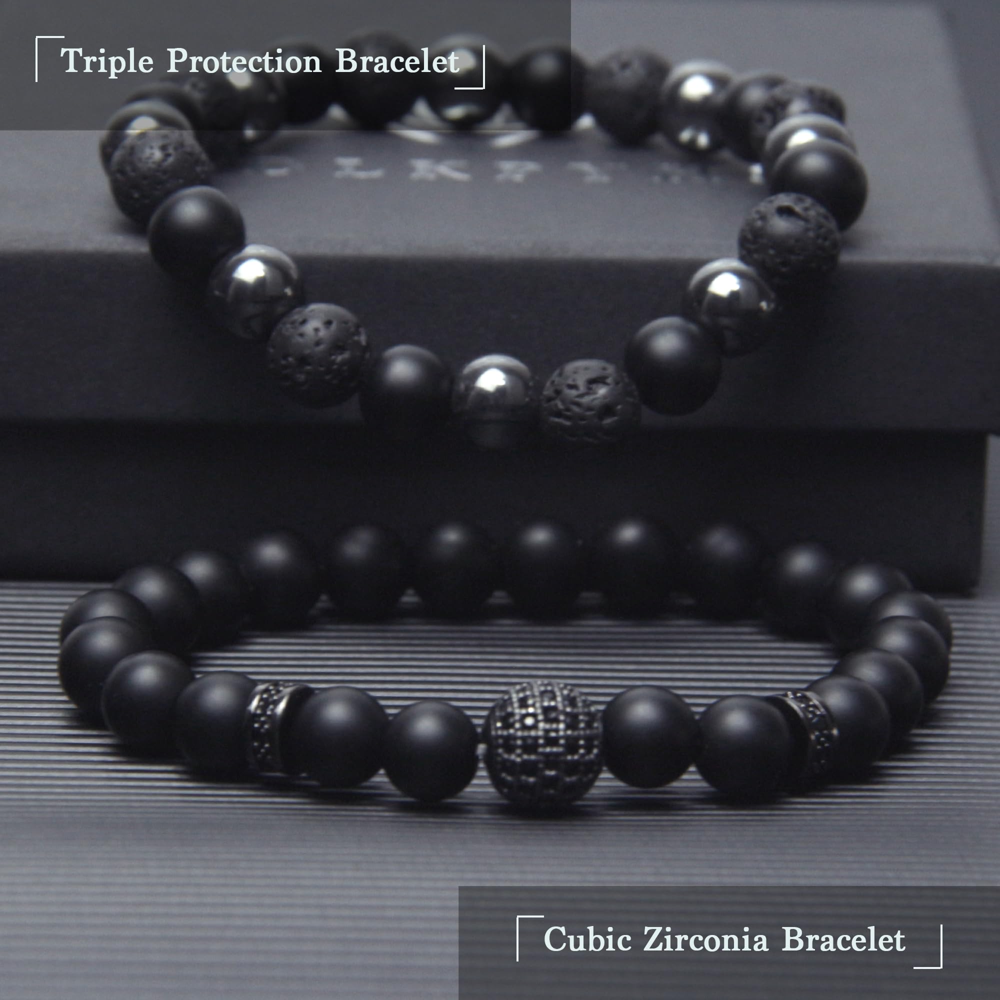 Black Obsidian Bracelet for Men - Black Tourmaline Beaded Bracelets - Mens Bracelet Set 8MM Black Onyx Hematite Lava Stone Beads Triple Protection Bracelet for Men Women Gifts