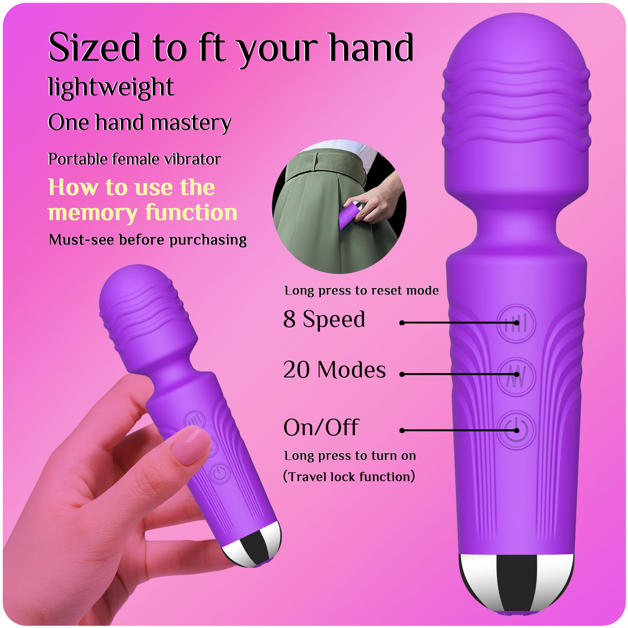 Vibrator Wand,Adult Sex Toy Wand, G Spot Dildo, Clit Vibrator, Sex Vibrators,Clitoris Stimulation,with 8 Speeds & 20 Patterns,Fully Waterproof,Vibrating Wand for her Pleasure (Rose Red)