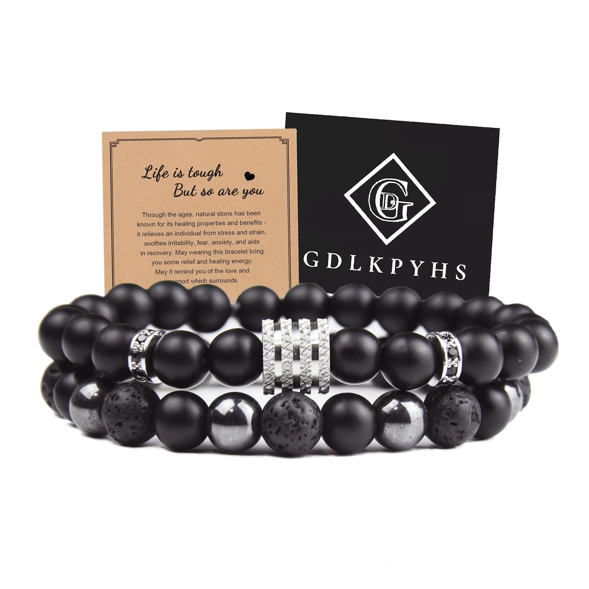 Black Obsidian Bracelet for Men - Black Tourmaline Beaded Bracelets - Mens Bracelet Set 8MM Black Onyx Hematite Lava Stone Beads Triple Protection Bracelet for Men Women Gifts