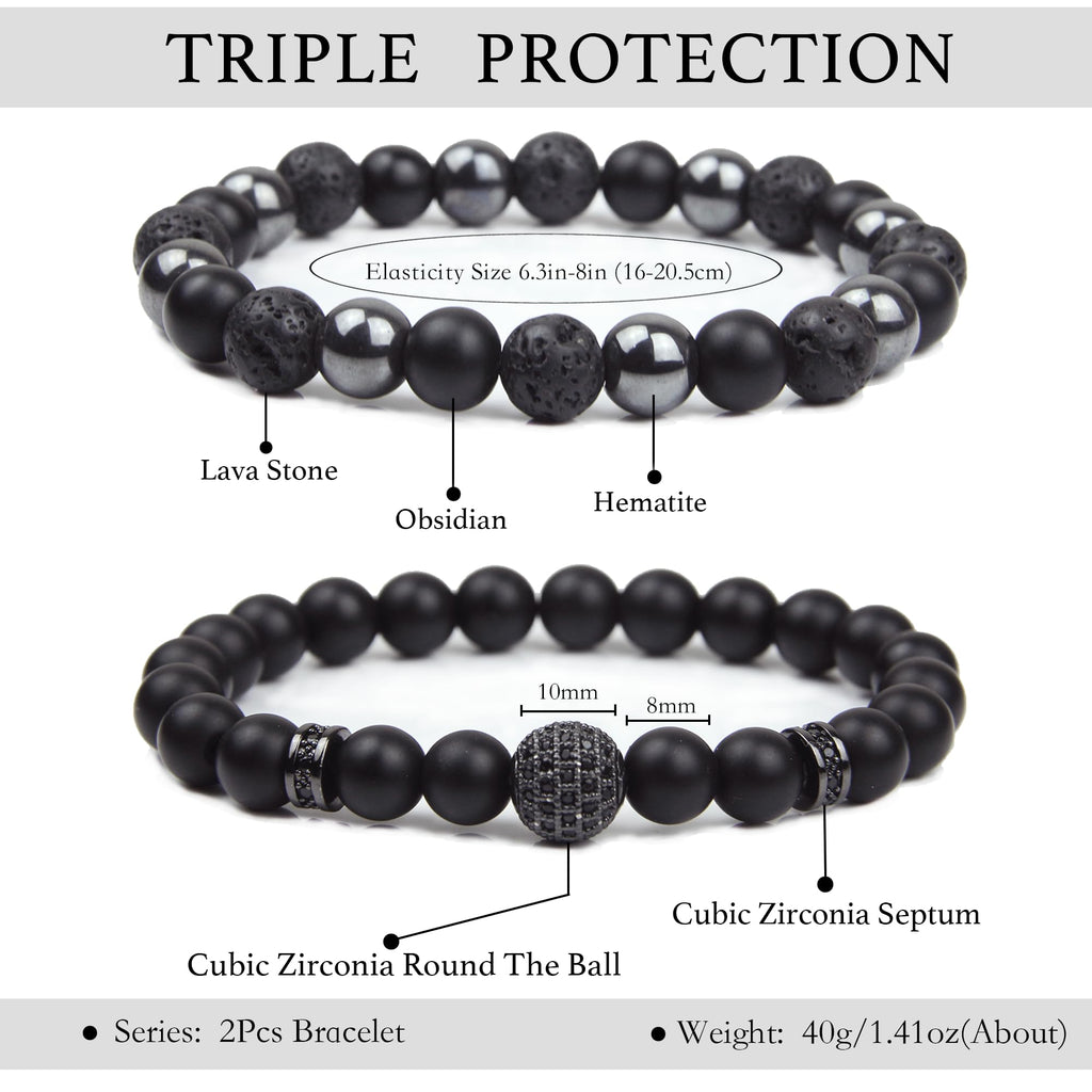 Black Obsidian Bracelet for Men - Black Tourmaline Beaded Bracelets - Mens Bracelet Set 8MM Black Onyx Hematite Lava Stone Beads Triple Protection Bracelet for Men Women Gifts