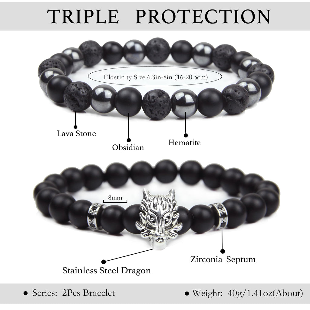 Black Obsidian Bracelet for Men - Black Tourmaline Beaded Bracelets - Mens Bracelet Set 8MM Black Onyx Hematite Lava Stone Beads Triple Protection Bracelet for Men Women Gifts