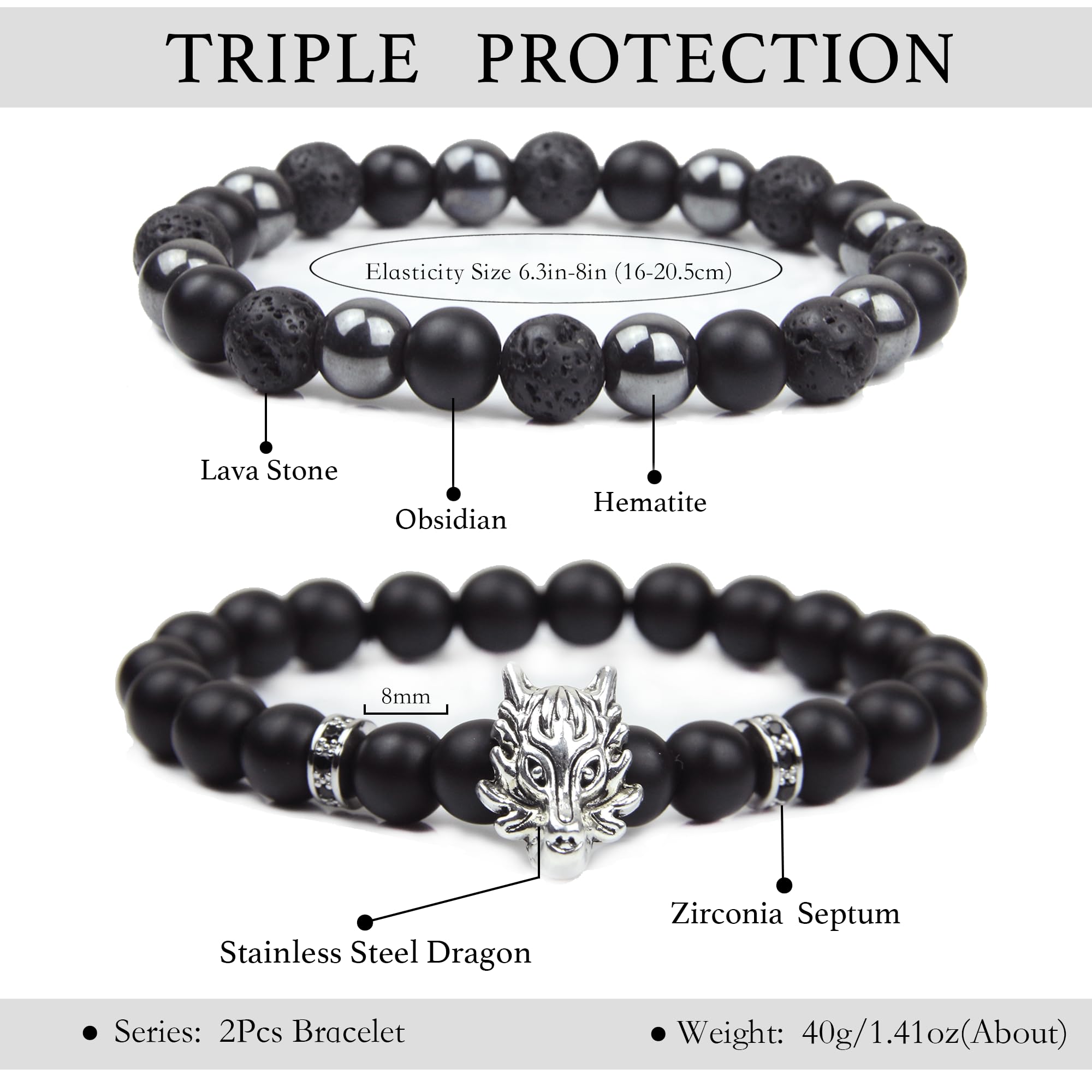 Black Obsidian Bracelet for Men - Black Tourmaline Beaded Bracelets - Mens Bracelet Set 8MM Black Onyx Hematite Lava Stone Beads Triple Protection Bracelet for Men Women Gifts