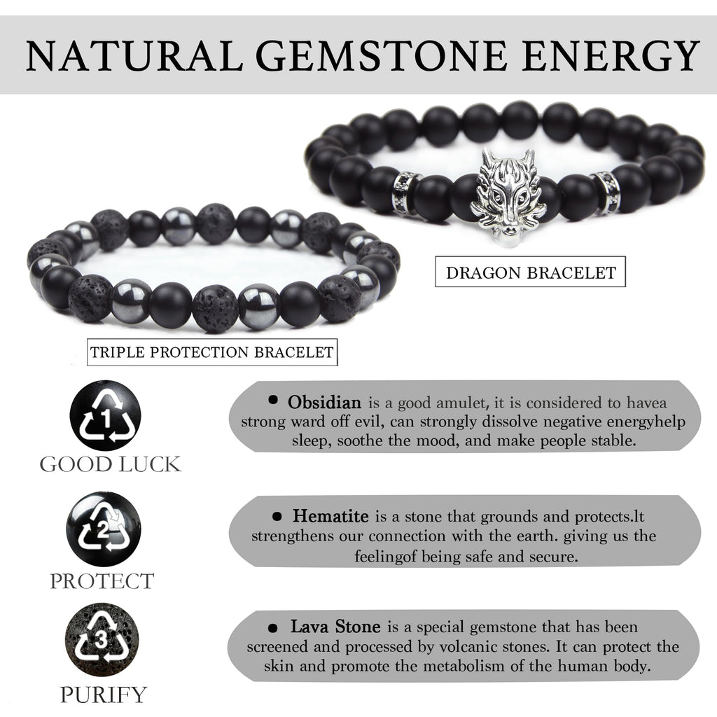Black Obsidian Bracelet for Men - Black Tourmaline Beaded Bracelets - Mens Bracelet Set 8MM Black Onyx Hematite Lava Stone Beads Triple Protection Bracelet for Men Women Gifts