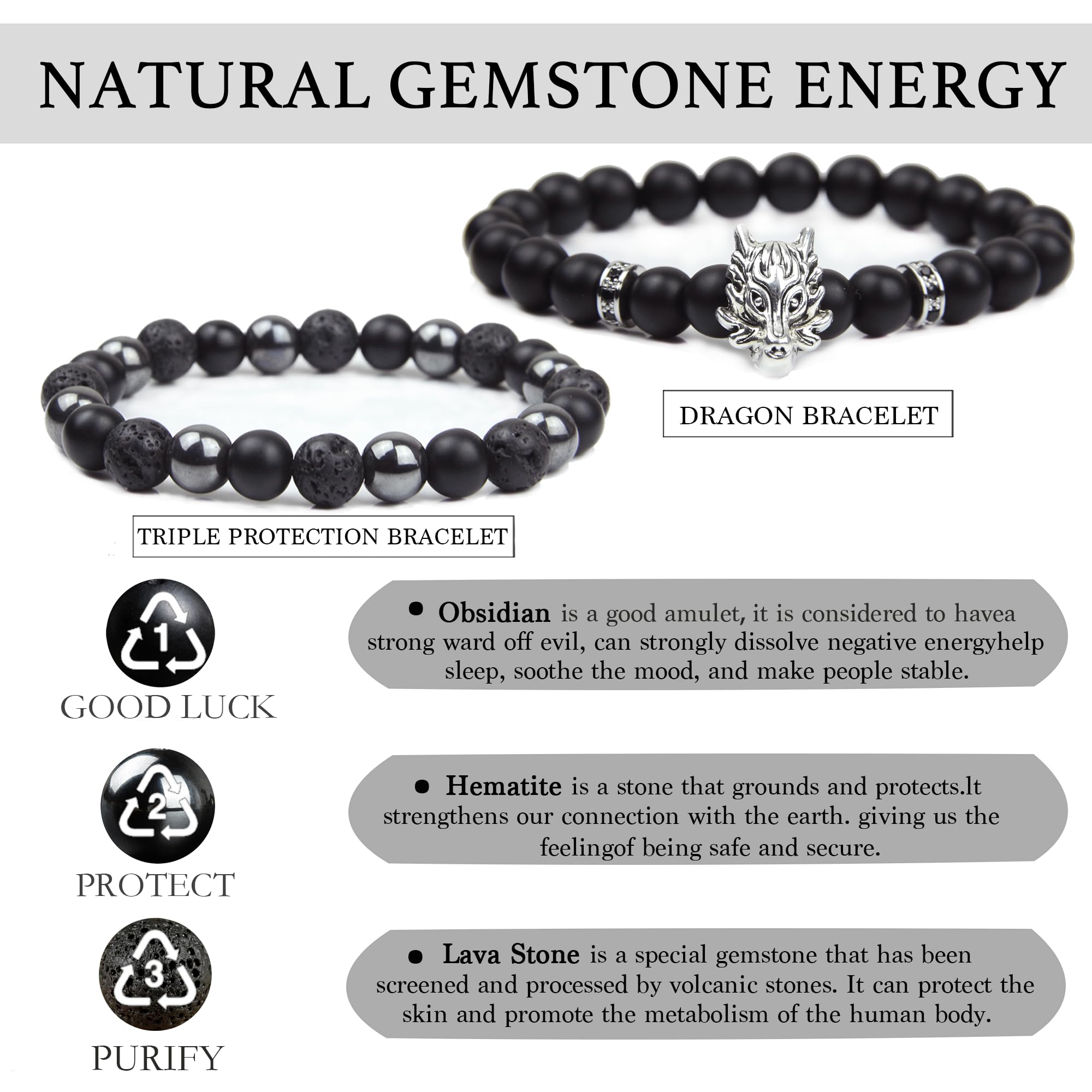 Black Obsidian Bracelet for Men - Black Tourmaline Beaded Bracelets - Mens Bracelet Set 8MM Black Onyx Hematite Lava Stone Beads Triple Protection Bracelet for Men Women Gifts