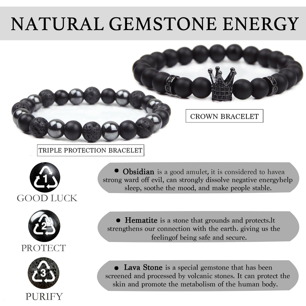 Black Obsidian Bracelet for Men - Black Tourmaline Beaded Bracelets - Mens Bracelet Set 8MM Black Onyx Hematite Lava Stone Beads Triple Protection Bracelet for Men Women Gifts