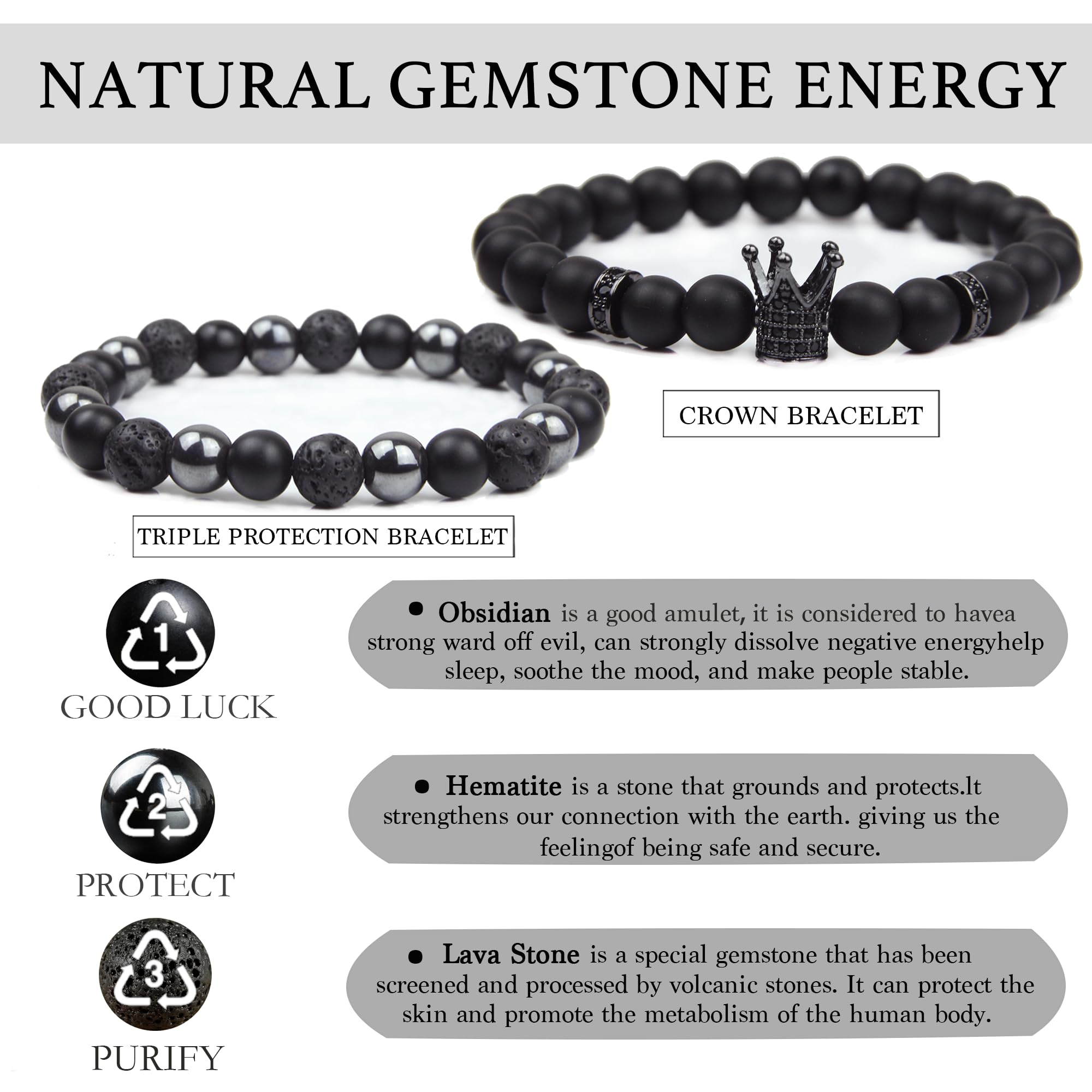 Black Obsidian Bracelet for Men - Black Tourmaline Beaded Bracelets - Mens Bracelet Set 8MM Black Onyx Hematite Lava Stone Beads Triple Protection Bracelet for Men Women Gifts