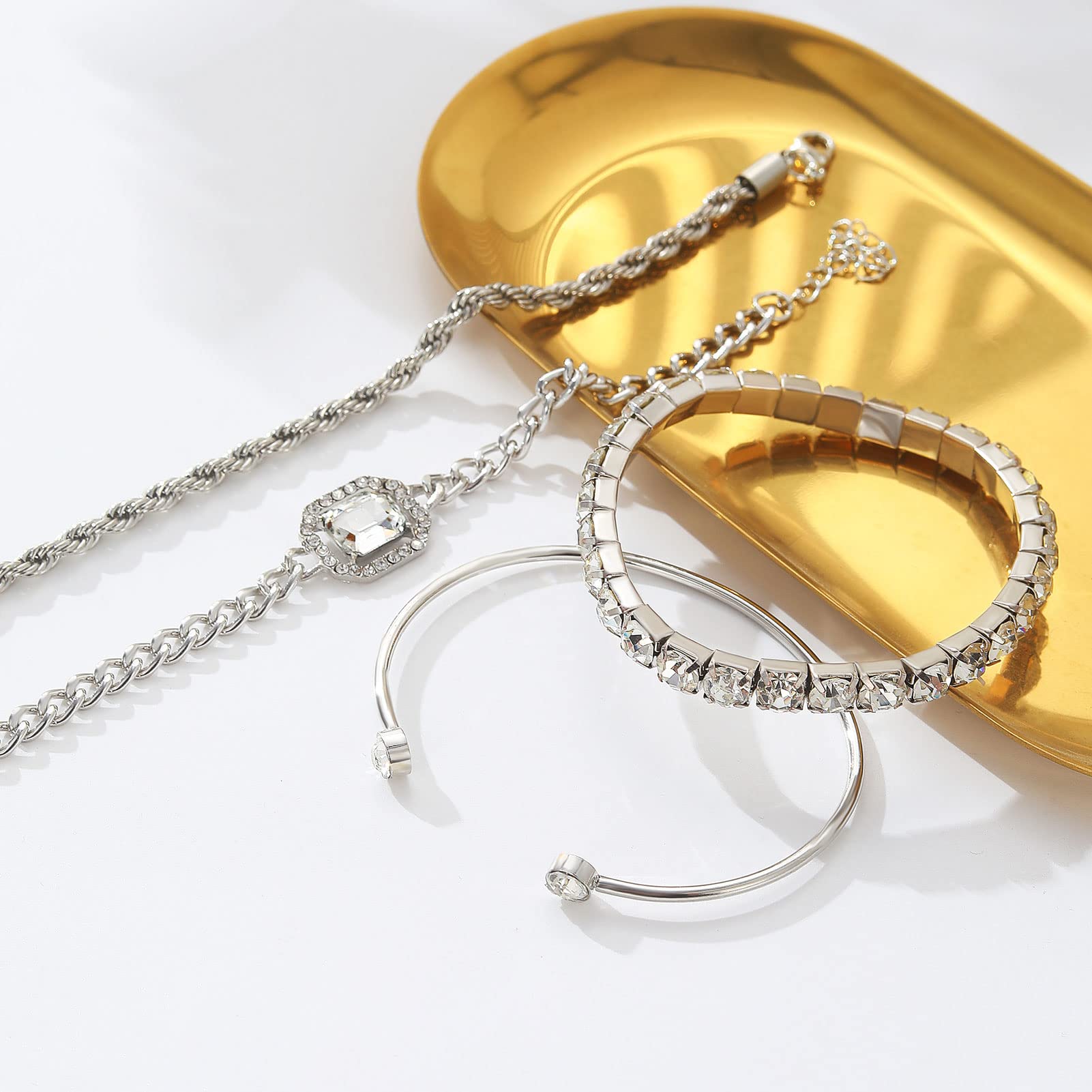 4 Pcs Dainty Gold Silver Bracelets Set for Women 14K Plated Link Cubic Zirconia Paperclip Stake Layering Chain Adjustable Trendy Hand Jewelry