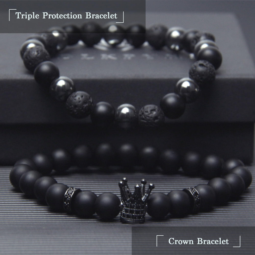 Black Obsidian Bracelet for Men - Black Tourmaline Beaded Bracelets - Mens Bracelet Set 8MM Black Onyx Hematite Lava Stone Beads Triple Protection Bracelet for Men Women Gifts