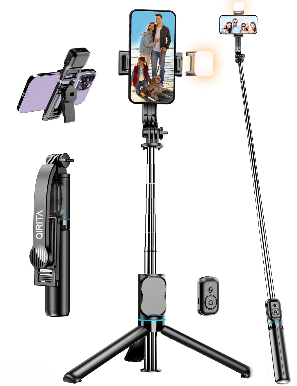 Selfie Stick, 41'' Extendable Phone Tripod Stand with Phone Holder & Detachable Remote, 360° Rotation Selfie Stick Tripod for Cell Phone Compatible with iPhone, Android, Samsung