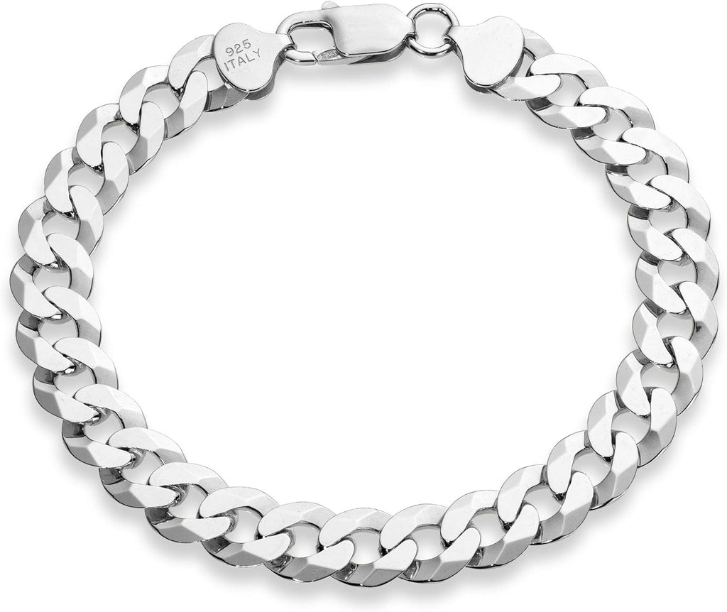 Miabella Italian 925 Sterling Silver Solid 9mm Diamond-Cut Cuban Link Curb Chain Bracelet for Men, Made in Italy