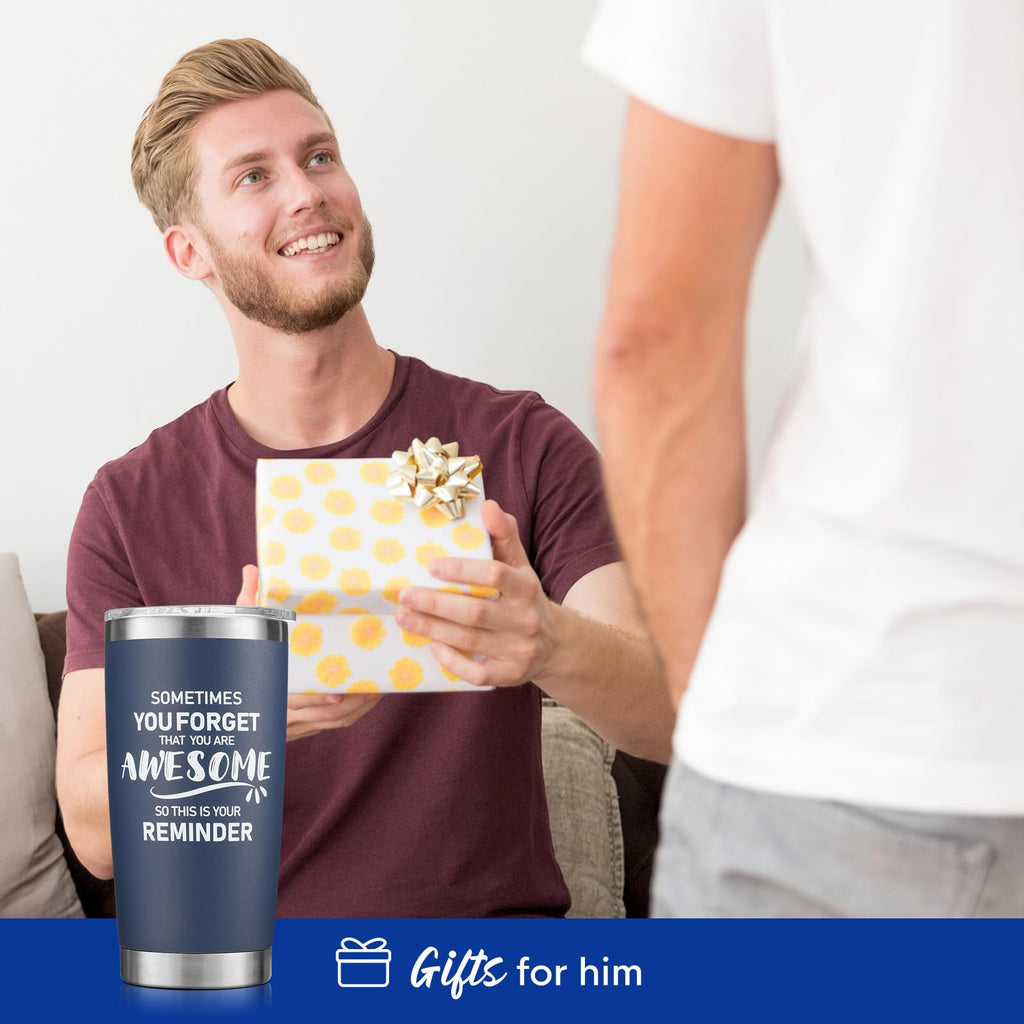 NOWWISH Inspirational Coffee Mug for Men, 14oz Vacuum Insulated Stainless Steel Cup, You Are Awesome Gift for Husband, Boyfriend, Dad - Navy Blue