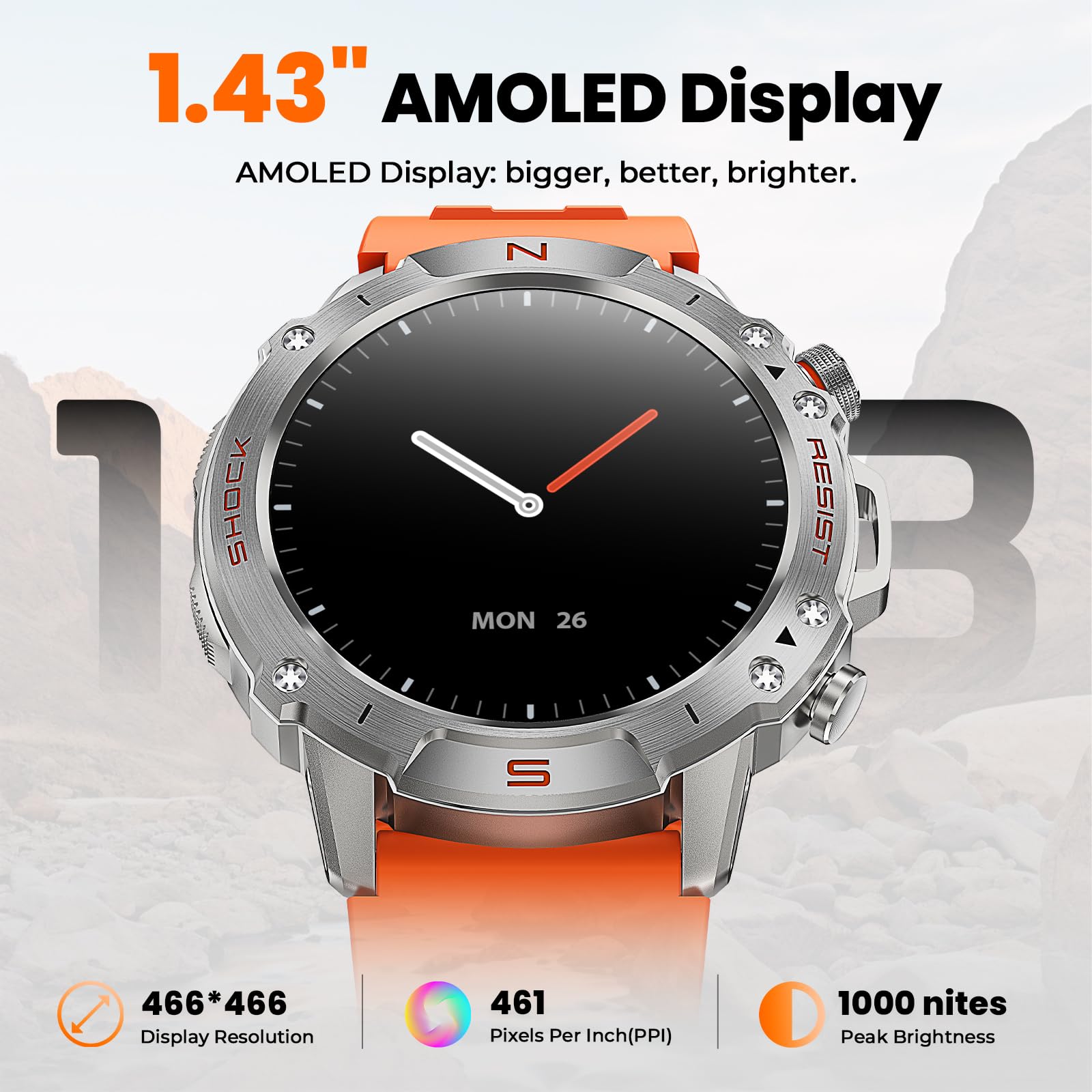 WalkerFit Smart Watch for Men, 1.43" Round AMOLED, 5ATM Waterproof, Heart Rate & Sleep Monitor,Long Battery,Outdoor Fitness Activity Tracker,Voice Control&Bluetooth Call,Compatible with iPhone Android