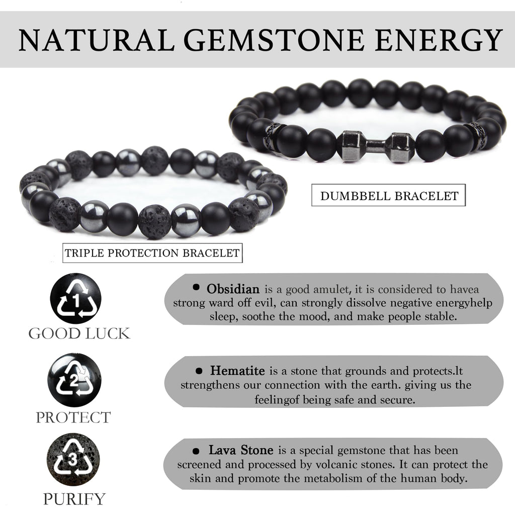 Black Obsidian Bracelet for Men - Black Tourmaline Beaded Bracelets - Mens Bracelet Set 8MM Black Onyx Hematite Lava Stone Beads Triple Protection Bracelet for Men Women Gifts
